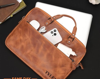 Personalized Leather Laptop Bag: MacBook Air and Pro Sleeve Gift for Husband or Boyfriend