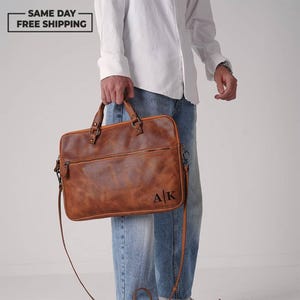 Personalized Leather Laptop Bag, Brown Shoulder Messenger Case