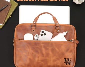 Personalized Leather Laptop Bag: Mens Work Case, Custom Sleeve, Graduation Gift for Him
