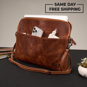 Personalized Leather Laptop Bag: MacBook Case, Work Travel Bag, Custom Laptop Organizer with Document Pocket