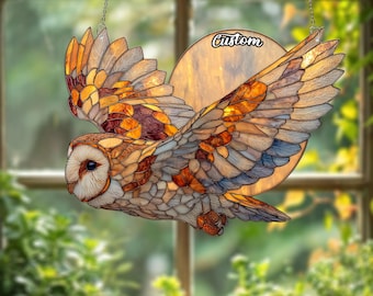 Owl and Moon Window Hanging, Acrylic Suncatcher, Acrylic Owl Ornament, Night Sky Wildlife Decor, Rustic Forest Bird Custom Gift
