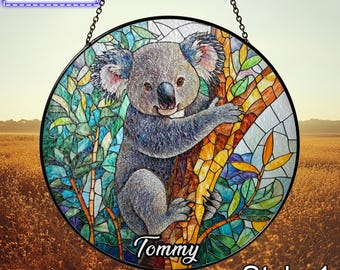 Atrapasol de vitral con koala personalizado: decoración de ventana personalizada con koala, regalo de vida silvestre hecho a mano