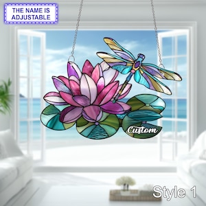 Personalized Dragonfly and Lotus Suncatcher, Stained Glass Style Acrylic Window Hanging, Custom Nature Floral Decor, Zen Meditation Gift