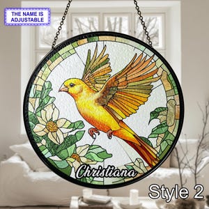 Custom Name Canary Stained Glass Suncatcher, Yellow Bird Window Hanging, Handmade Glass Art Decor, Bird Lover Gift, Tropical Home Decor