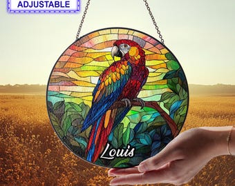 Custom Name Parrot Stained Glass Suncatcher, Handmade Parrot Suncatcher, Window Decor, Parrot Ornament, Bird Lover Gift, Glass Art