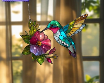 Personalized Hummingbird Suncatcher with Flower, Acrylic Acrylic Window Hanging, Custom Bird Lover Gift, Colorful Nature Decor