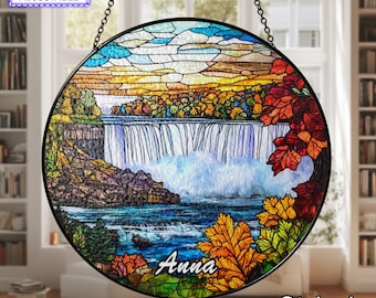 Acchiappasole in vetro colorato raffigurante le Cascate del Niagara, con nome personalizzato, decorazione per monumenti di USA e Canada, da appendere alle finestre fatto a mano, regalo da viaggio, ornamento in vetro artistico