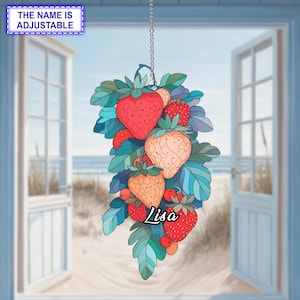 Bunch of Strawberry Window Hanging Acrylic Ornament, Fruit Lover Gift, 2D Flat Decor, Nature Art, Home Window Decoration