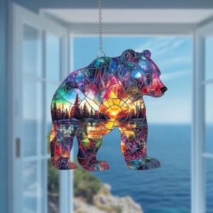 Bear Acrylic Suncatcher, Mountain Wilderness Art for Windows and Walls, Mama Bear Gift, Flat 2D Suncatcher, Woodland Suncatcher
