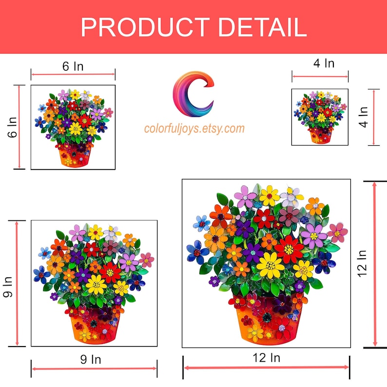 May include: A colorful mosaic flower arrangement in a red pot, available in four sizes: 4x4 inches, 6x6 inches, 9x9 inches, and 12x12 inches.