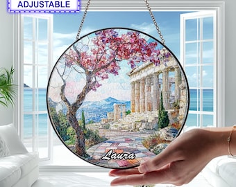Custom Name Parthenon Stained Glass Suncatcher – Greece Window Hanging Decor, Handmade Suncatcher Gift
