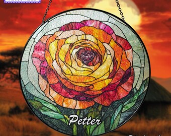 Atrapasueños de vidrieras con forma de ranúnculo, nombre personalizado, colgante floral hecho a mano para ventana, elegante decoración floral, regalo atrapasol, arte inspirado en la naturaleza
