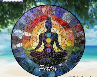 Aura & Chakras Stained Glass Suncatcher, Energy Healing Art, Rainbow Window Decor, Spiritual Gift, Meditation Hanging Ornament