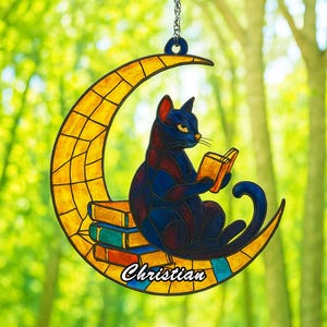 Schwarze Katze, die Buch auf dem Mond-Fenster-hängenden Acrylverzierung, Katzen-Liebhaber-Geschenk, 2D-flachem Dekor, Bücherwurm-Kunst, Hausfensterdekoration liest