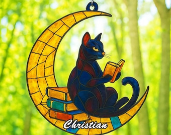 Black Cat Reading Book On The Moon Window Hanging Acrylic Ornament, Cat Lover Gift, 2D Flat Decor, Bookish Art, Home Window Decoration
