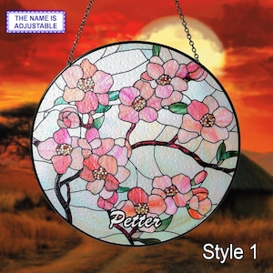 Cherry Blossom Stained Glass Suncatcher Custom Name, Handmade Floral Window Hanging, Sun Catcher Gift, Sakura Glass Art, Japanese Home Decor