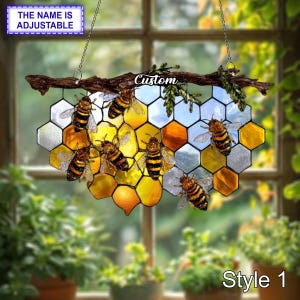 Personalized Honeycomb and Bee Suncatcher, Stained Glass Style Acrylic Window Hanging, Custom Beekeeper Gift, Nature Hive Wall Decor