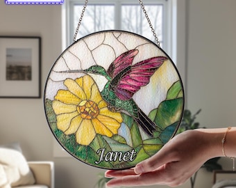 Kolibri mit Blumen-Buntglas-Sonnenfänger, Vogel-Buntglas-Fensterbehang, Kolibri-Kunst, Vogel-Liebhaber-Geschenke, natürlicher Sonnenfänger