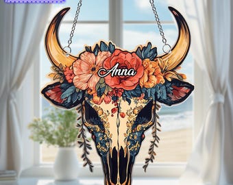 Boho Cow Skull Window Hanging Acrylic Ornament, Bohemian Gift, 2D Flat Decor, Western Art, Home Window Decoration