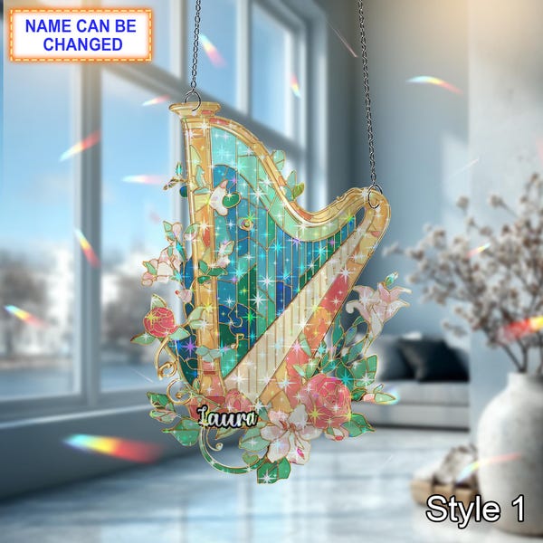 Harp gebroken glas hologramornament – iriserende acryl raambedel, decor muziekliefhebber, uniek cadeau voor harpisten en fans van klassieke muziek