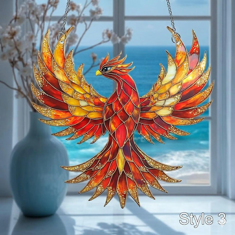 Phoenix Window Hanging Acrylic Ornament, Fantasy Lover Gift, 2D Flat Decor, Mythical Art, Home Window Decoration image 4