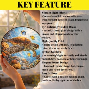 May include: Round stained glass window art featuring a sea turtle and fish. The artwork has a vibrant, colorful design with a hanging chain. The text "KEY FEATURE" is at the top.