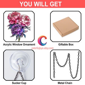 May include: A set of four items for hanging a window ornament: a clear acrylic window ornament with a floral design, a brown gift box, a clear suction cup with a metal hook, and a black metal chain.
