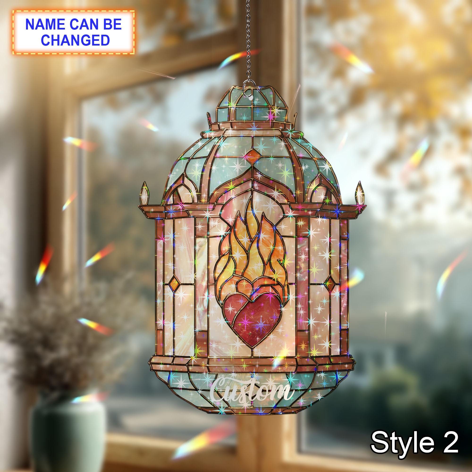 Holo Fire Heart Lantern Suncatcher, Acrylic Window Hanging, Custom