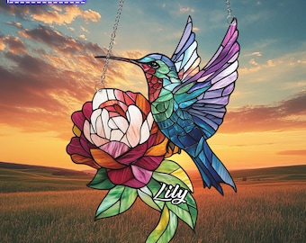Hummingbird and Peony Flower Window Hanging Acrylic Ornament, Bird Lover Gift, 2D Flat Decor, Floral Art, Home Window Decoration