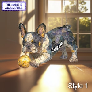 Boston Terrier with Ball Acrylic Window Hanging, Stained Glass Style, Acrylic Dog Ornament, Playful Pet Lover Gift, Custom Small Dog Decor