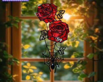 Rose and Spider Web Acrylic Window Hanging, Gothic Floral
