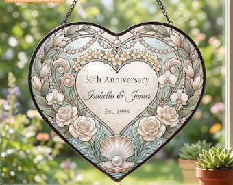 30th Anniversary Stained Glass Style Suncatcher, Personalized Seashell & White Rose Keepsake, Custom Couple for Garden View Decor