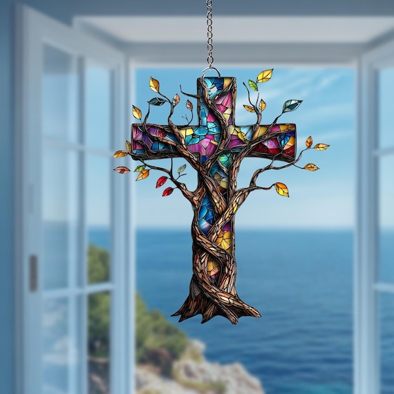 Cross Window Hanging Acrylic Ornament, Religious Gift, 2D Flat