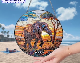 Custom Name Elephant Stained Glass Suncatcher, Personalized Window