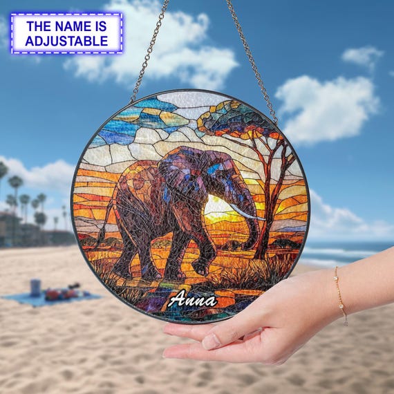 【elephant.m】ガラスナギット Custom Name Elephant Stained Glass Suncatcher, Personalized Window
