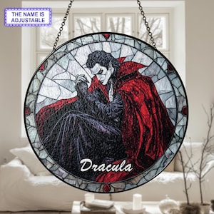 Dracula Stained Glass suncatcher, Brooding Vampire suncatcher, Outdoor Sun Catcher Decor, Halloween Wall Decor, Gift for him,Dracula Gift