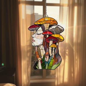 Apanhador de sol de acrílico para menina e cogumelo, pendurador de janela de acrílico, pendurador de janela de parede de cogumelo voador, apanhador de sol 2D plano, presente para ela