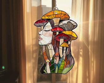 Girl And Mushroom Acrylic Suncatcher, Acrylic Window Hanging, Fly mushroom Wall Window Hanging, Flat 2D Suncatcher, Gift for her