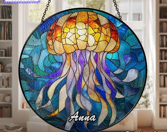 光るクラゲのステンドグラスサンキャッチャー、手作りの窓用吊り下げ