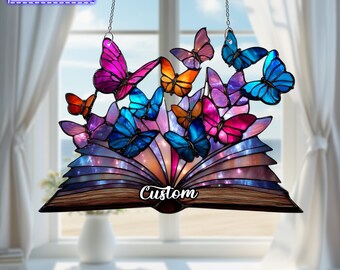 Butterfly and Book Acrylic Window Hanging, Book Lover Suncatcher, Gothic Butterfly Acrylic Ornament, Custom Name Reading Gift