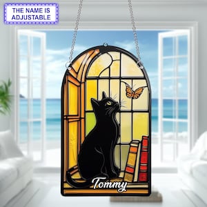 Schwarze Katze und Buchfenster hängende Acrylverzierung, Buch-Liebhaber-Geschenk, 2D-flacher Dekor, Katzenkunst, Hausfensterdekoration