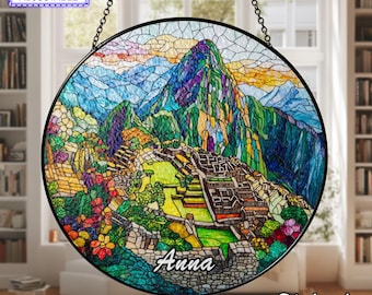Machu Picchu Stained Glass Suncatcher Custom Name, Peru Landmark Window Hanging, Handmade Travel Gift, Suncatcher Decor, Inca Ruins Art