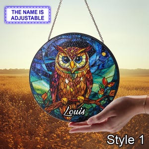 Custom Name Owl Stained Glass Suncatcher, Handmade Owl Sun Catcher, Stained Glass Window Decor, Owl Ornament, Owl Art, Animal Lover Gift