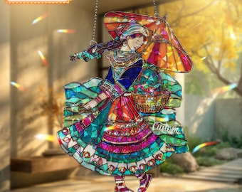 Personalized Holo H'mong Woman Acrylic Ornament, Custom Window Hanging Folk Art Decor, Unique Ethnic Cultural Gift for Home & Festival