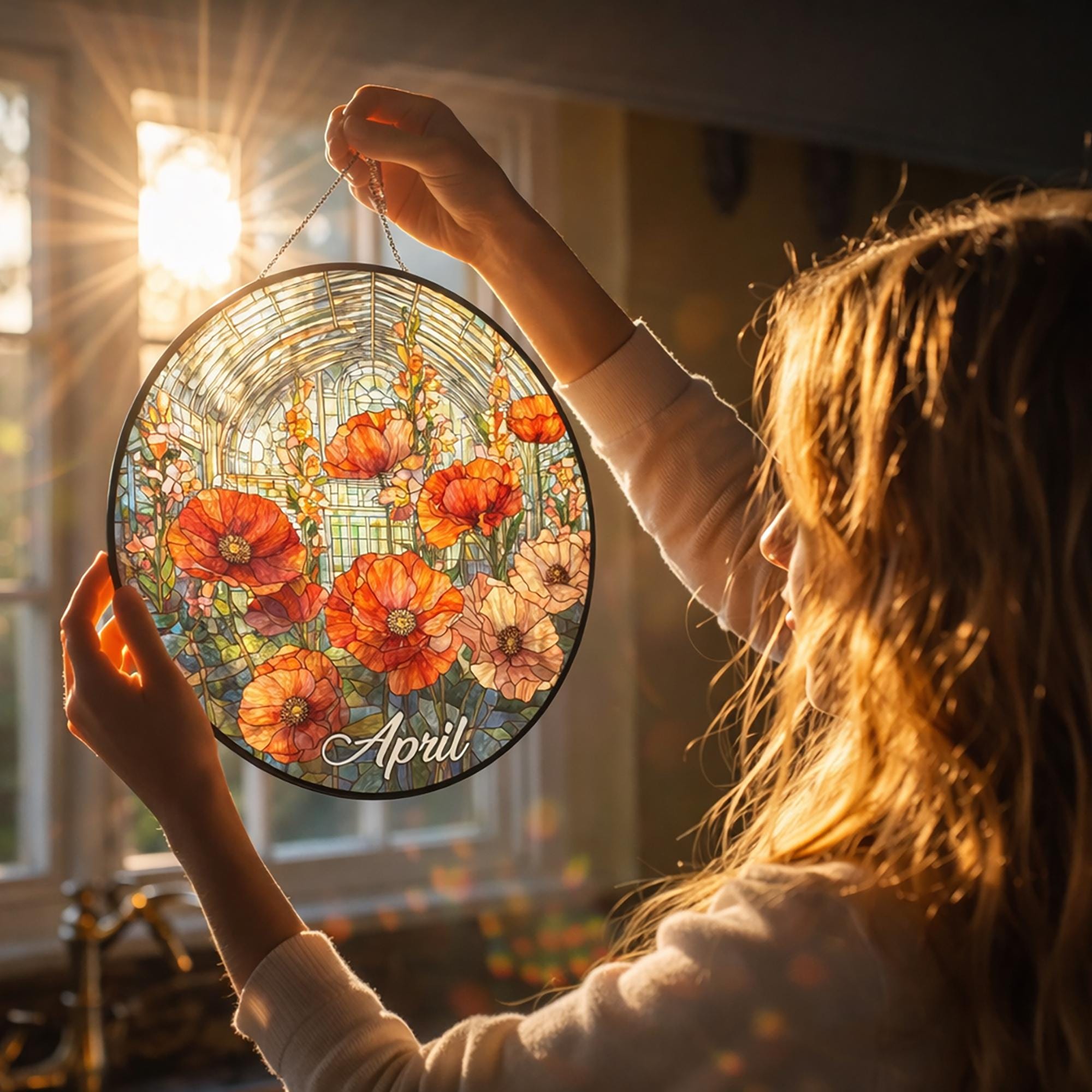 すみれ色の花のステンドグラスのサンキャッチャー、ステンドグラスの窓