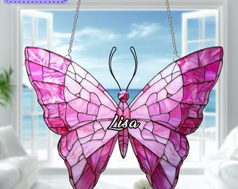 Adorno acrílico para ventana con forma de mariposa rosa, ideal como regalo para amantes de las mariposas, decoración plana 2D, arte floral, decoración de ventanas para el hogar.