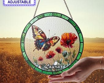 Butterfly and Poppy Stained Glass Suncatcher Hanging Sign, Window Decoration, Gift For Women Room Decor Village Style Suncatcher