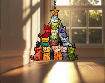 Cat Christmas Tree Suncatcher, Christmas Tree Made of Cats Acrylic Suncatcher, Christmas Home Decor Cat Art, Flat 2D Suncatcher