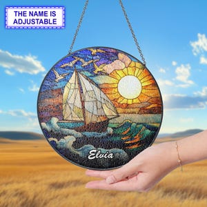 Sailboat Stained Glass Suncatcher, Window Hanging Decor, Seascape Suncatcher Decor, Ocean Wall Decor, Sailboat Home Decor, Travel lover gift