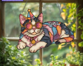 黒いステンドグラスの猫のサンキャッチャー：手作りのホーム